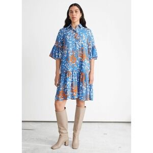 & Other Stories Blue Orange Floral Print Tiered Ruffle Midi Shirt Dress US 4